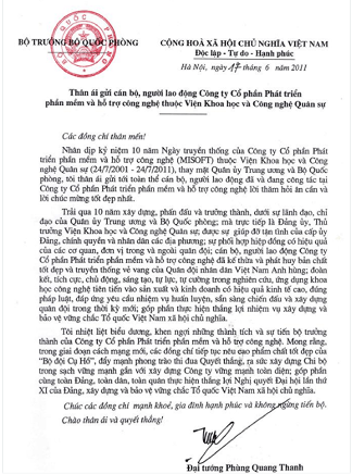 Thư khen của Bộ trưởng Bộ Quốc phòng
